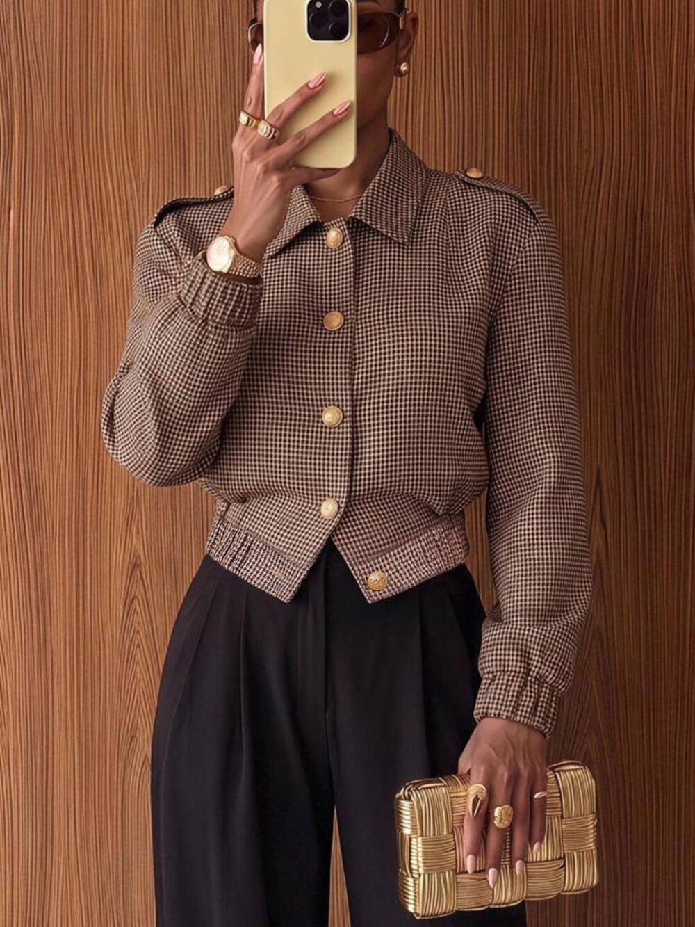 Multicolor Casual Women's Houndstooth Puff Sleeve Single Breasted Blazer